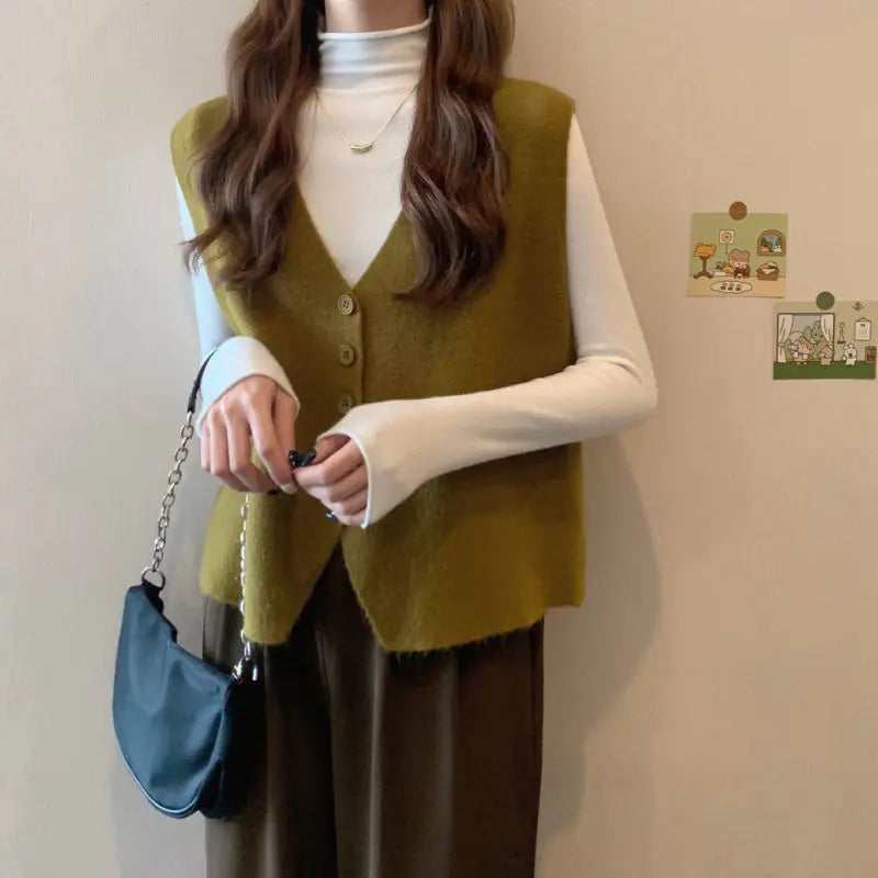 Yipinpay Vest Autumn and Winter 2024 Little Fragrant Sweater Knitted Vest Women Sleeveless Overlapping Small Cuff Sweater Vest