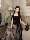 Yipinpay Sexy Hot Girl Suit Women's Autumn/Winter Diamond Buckle Belt Strapless Top High Waist A-line Yarn Long Skirt Two-piece Set
