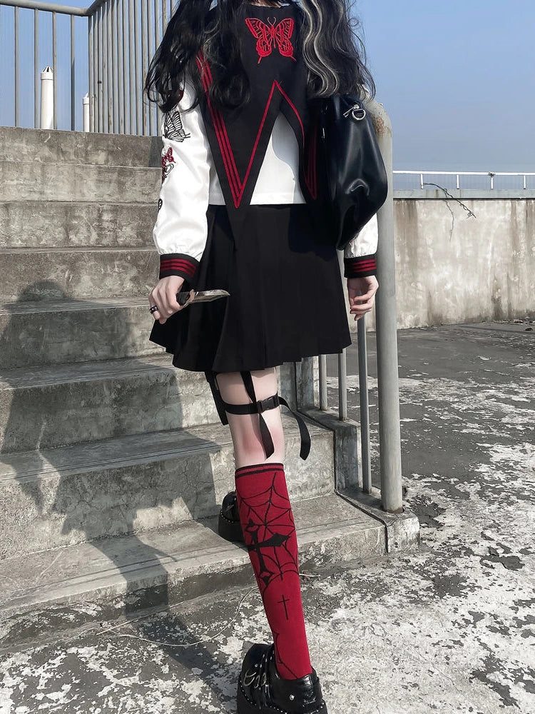 Yipinpay Women Preppy JK Suit Genuine Japanese Dark Jk Uniform Shirt + Black Pleated Skirt Punk Girl Embroidered Sailor 2pcs Suit