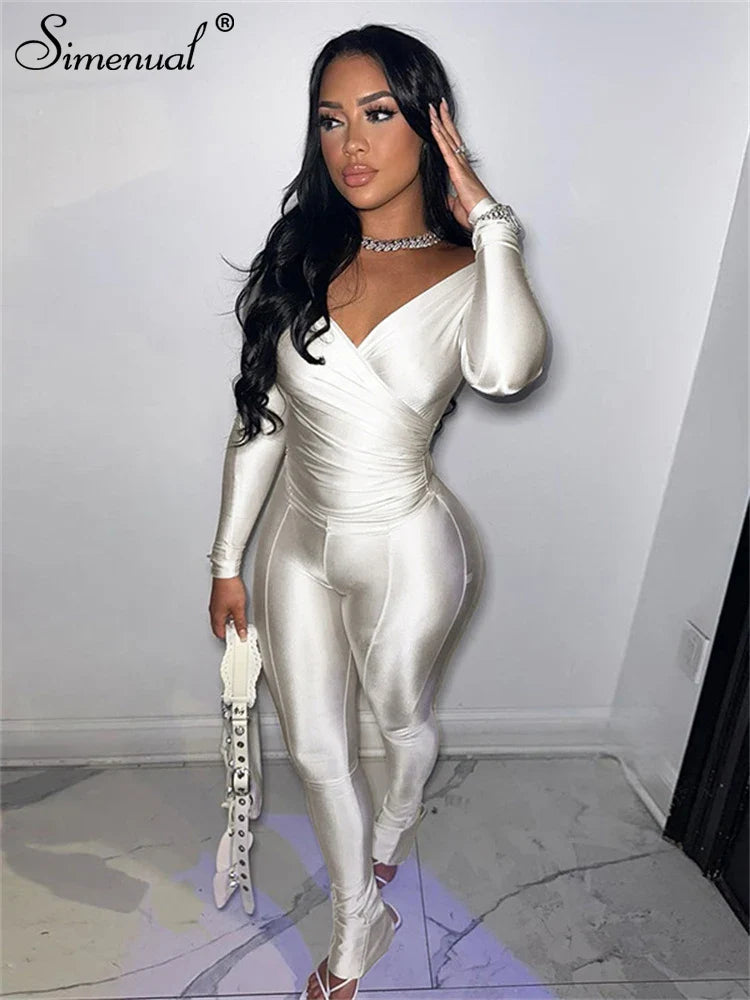 Yipinpay Simenual Casual Skinny Women Two Piece Set Sexy Deep V Crop Tops High Waist Pants Cyber Y2K Outfits Slim Co Ord Suits Streetwear