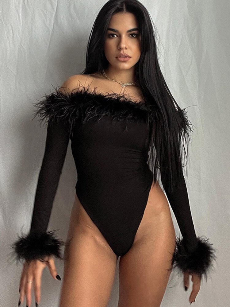 Yipinpay Korean Velvet Feather Long-sleeved Bodysuit Shapewear Women Strapless Tops Nightclub Street Sexy Bottoming Clothes Femme