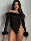 Yipinpay Korean Velvet Feather Long-sleeved Bodysuit Shapewear Women Strapless Tops Nightclub Street Sexy Bottoming Clothes Femme