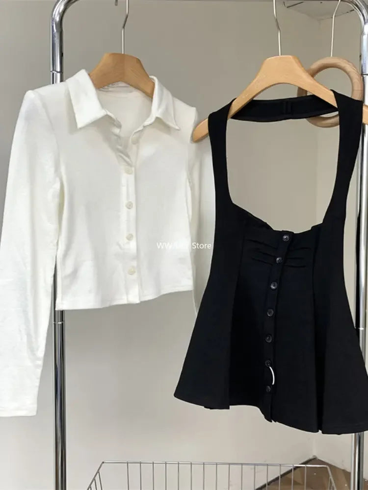 Yipinpay Y2k Two Piece Sets Fall Outfits Office Lady Skirt Sets Lapel Cardigan Crop Tops Suspender Mini Skirt Elegant Clothes Woman