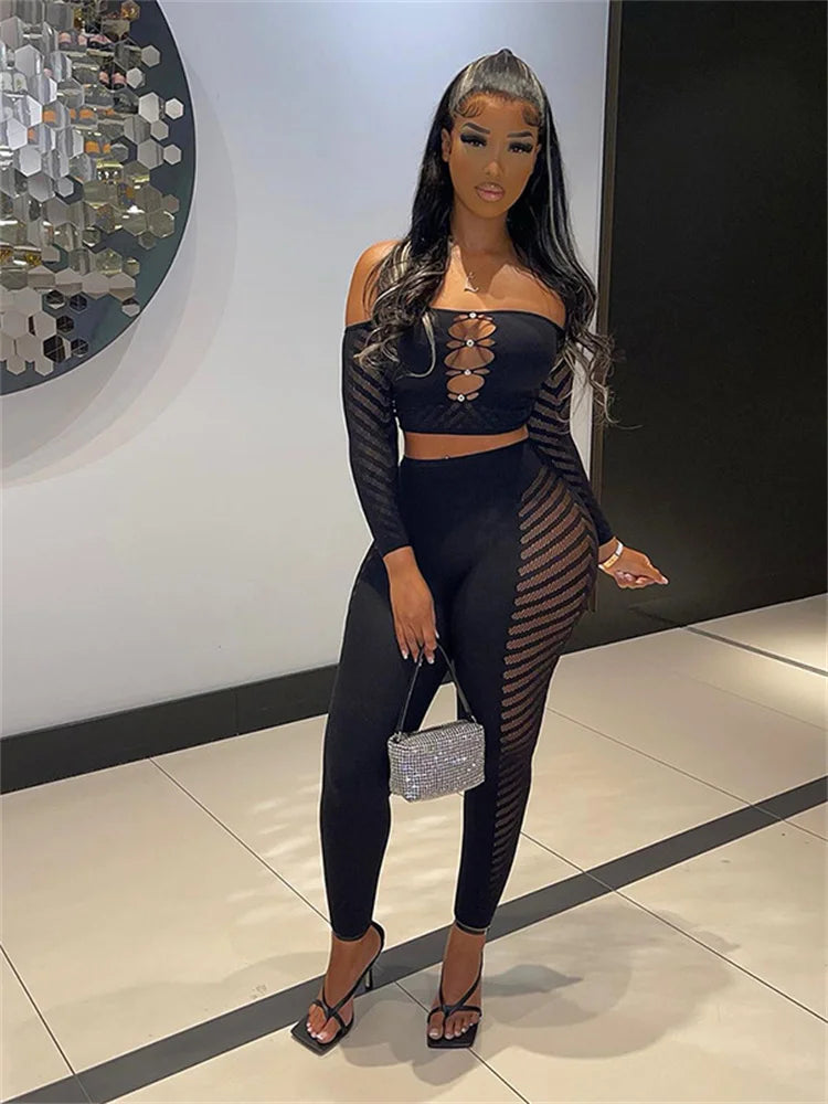 Yipinpay Simenual Baddie Fashion Mesh Tansparent Two Piece Sets Hotsweet Sexy Hollow Out Crop Tops Skinny Pants High Elastic Co Ord Suits