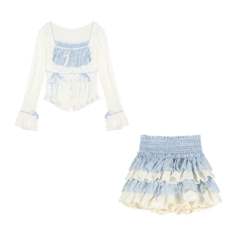 Yipinpay Spring Janpan Style Kawaii 2 Piece Skirt Sets Women Casual Sweet Crop Tops + Outwear High Waist Slim Mini Skirt Lolita Suit
