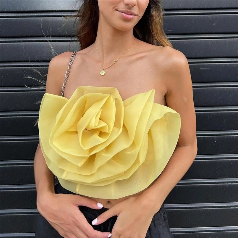 Yipinpay 2023 Flower Corset Top Female Off Shoulder Crop Tops For Women Organza Backless Summer Sexy Tops Woman Sleeveless Tank Top