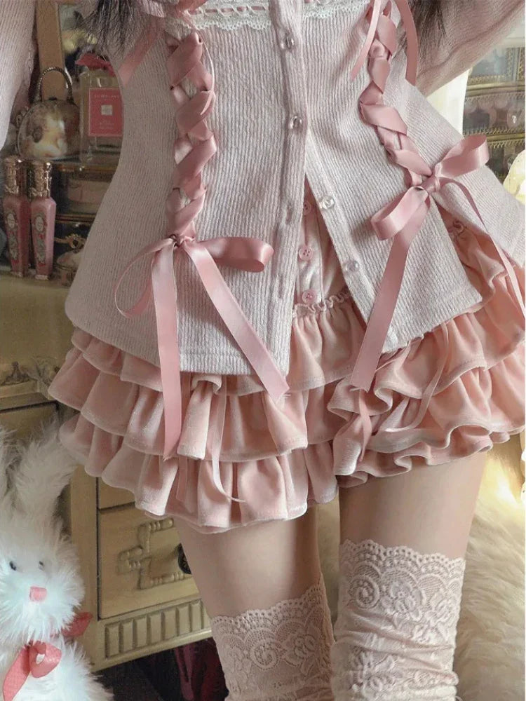 Yipinpay Japanese Kawaii 2 Piece Skirt Set Women Sweet Bow Knitted Tops Cute Mini Cake Skirt Korean Fashion Spring Autumn Skirt Suit