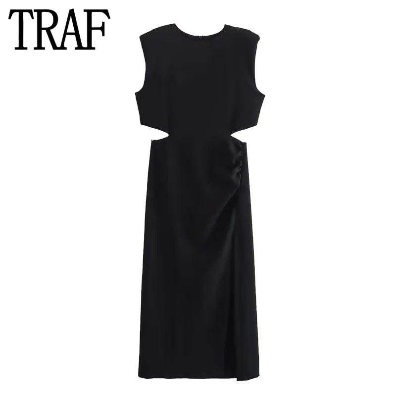 Yipinpay 2023 Cut Out Long Dress Women Summer Sleeveless White Black Dress Woman Fashion Ruched Midi Elegant Party Dresses For Women