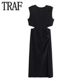 Yipinpay 2023 Cut Out Long Dress Women Summer Sleeveless White Black Dress Woman Fashion Ruched Midi Elegant Party Dresses For Women