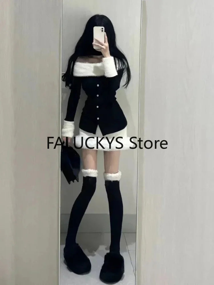 Yipinpay Girl Pure Sexy Suit Women's Autumn/Winter Off Shoulder Halter Neck Long-sleeved Top High Waist Mini Skirt Two-piece Set