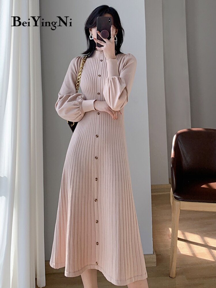 yipinpay 2023 Korean Fashion Women's Sweater Dress Buttons Autumn Knitwear Long Midi Dresses Female Winter Black Chic Vestidos