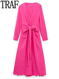 Yipinpay 2023 Pink Dress Women Bow Long Dresses For Women Elegant Casual Women's Dresses Autumn Winter 2023 Long Sleeve Midi Dress