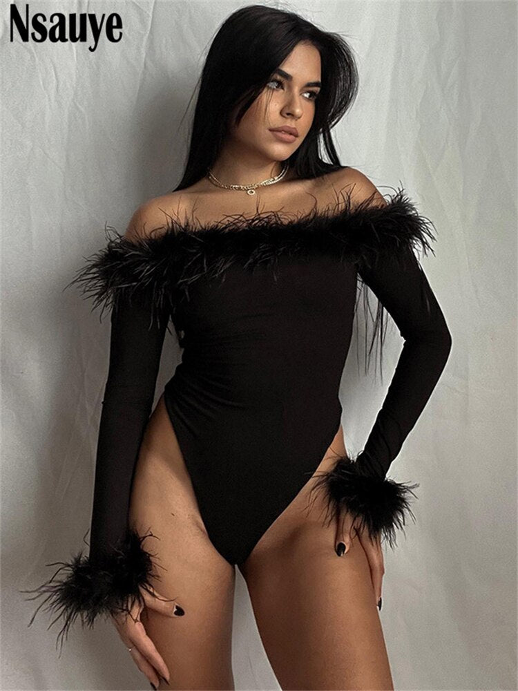 yipinpay 2023 Skinny Long Sleeve Women One Pieces Feathers Patchwork Sexy Club Bodysuit Off Shoulder Fashion Y2K Body Tops Rompers