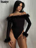 yipinpay 2023 Skinny Long Sleeve Women One Pieces Feathers Patchwork Sexy Club Bodysuit Off Shoulder Fashion Y2K Body Tops Rompers