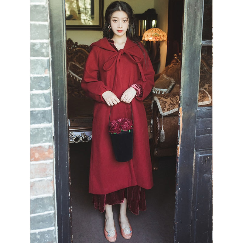 Yipinpay Vintage Autumn Winter Long Sleeve Women Coat Woolen Cloth Hooded Cloak Loose Cotton Padded Warm Retro Female Overcoat