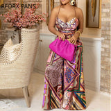 Yipinpay Print Criss Cross Backless Top & Wide Leg Pants Set Hots Party suits