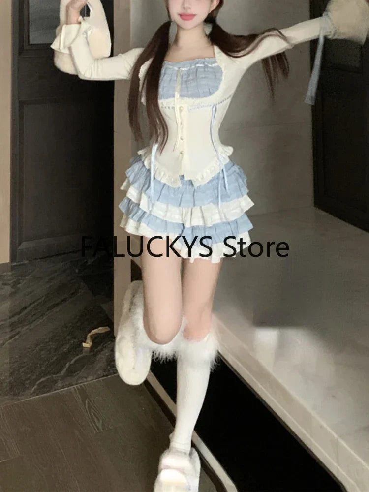 Yipinpay Summer Sweet French Skirt 2 Piece Set Women Evening Party Slim Y2k Crop Top + Office Lady Casual Mini Skirt Korean Fashion