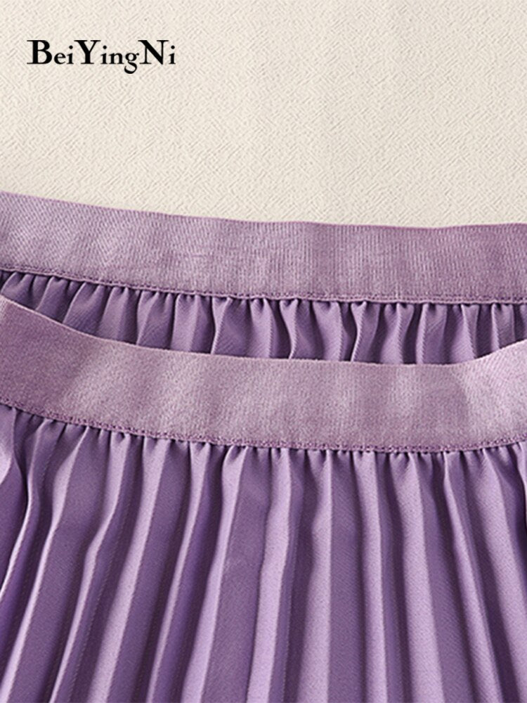 yipinpay 2023 Korean Summer Fashion Wave Pleated Long Midi Skirt Women Solid Color Casual Kawaii High Waist Mid-Calf Skirts