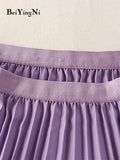 yipinpay 2023 Korean Summer Fashion Wave Pleated Long Midi Skirt Women Solid Color Casual Kawaii High Waist Mid-Calf Skirts