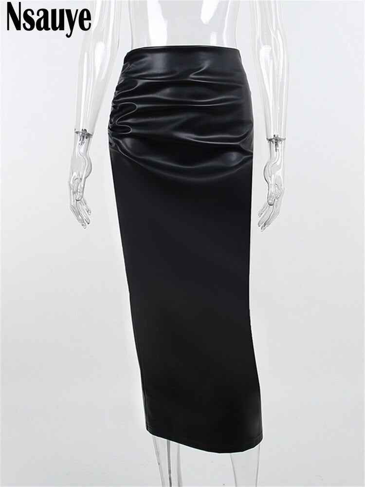 yipinpay 2023 Fashion Women Black White PU Leather Long Skinny Skirt Sexy Club Y2K High Waisted Split Skirt Autumn Winter 2023