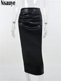yipinpay 2023 Fashion Women Black White PU Leather Long Skinny Skirt Sexy Club Y2K High Waisted Split Skirt Autumn Winter 2023