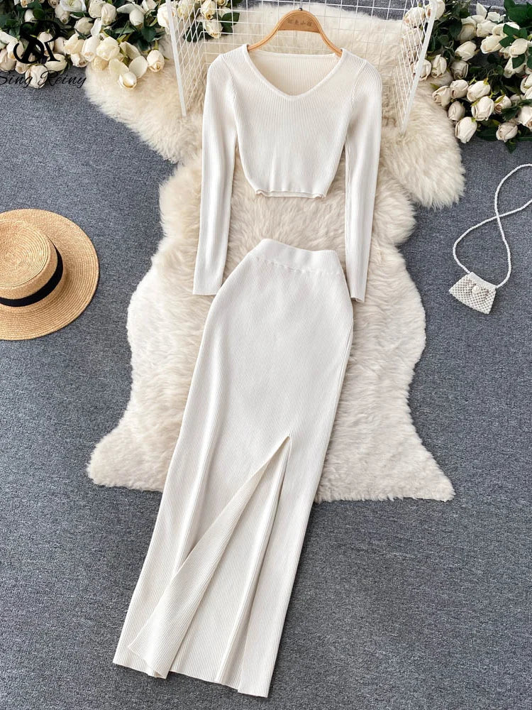 Yipinpay Autumn Sweater Two Pieces Suits Long Sleeves Knit Top+ Elatic Waist Slim Split Long Skirt Sets Women Warm Knitted Suit