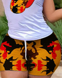 Yipinpay Women 2023 Summer Two Piece Sets Outfits Fashion Lip Print Round Neck Sleeveless Tank Top & Ink Splash Drawstring Shorts Set New