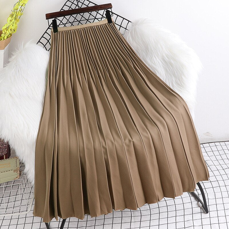 Yipinpay 2023 Spring Autunn Pleated Skirt Women Casual Fashion Elegant Solid Color High Waist Long Midi Skirts Ladies Chic Saia
