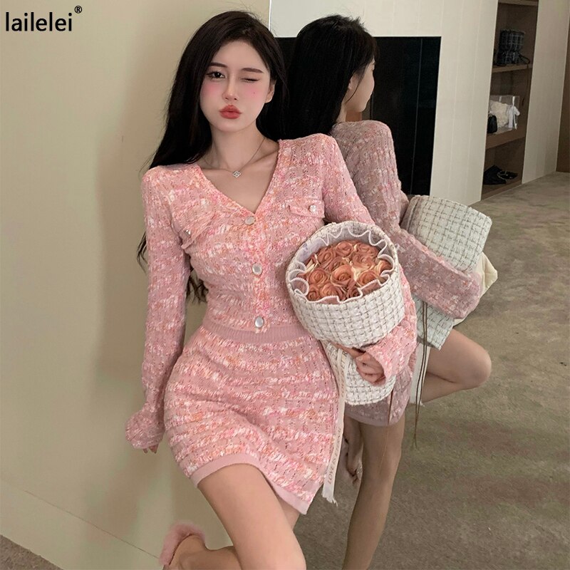 Yipinpay Piece Knit Set Women V Neck Pink Outfit Crop Top Long Sleeve +sexy Mini 2piece Skirt Sets Korean Autumn Winter Clothing