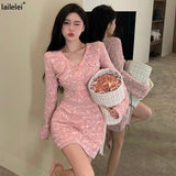 Yipinpay Piece Knit Set Women V Neck Pink Outfit Crop Top Long Sleeve +sexy Mini 2piece Skirt Sets Korean Autumn Winter Clothing