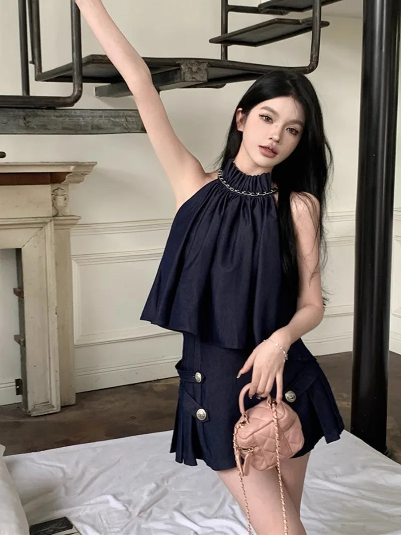 Yipinpay Hot Girl Retro Suit Women's Summer Halter Neck Off Shoulder Tank Top Denim Pleated Skirt Two-piece Set Female Clothes