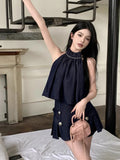 Yipinpay Hot Girl Retro Suit Women's Summer Halter Neck Off Shoulder Tank Top Denim Pleated Skirt Two-piece Set Female Clothes