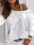 Yipinpay New Casual Tee Women's Tops Heart Pattern Sequins Cold Shoulder Long Sleeve T-Shirt Women's Clothing Autumn Spring