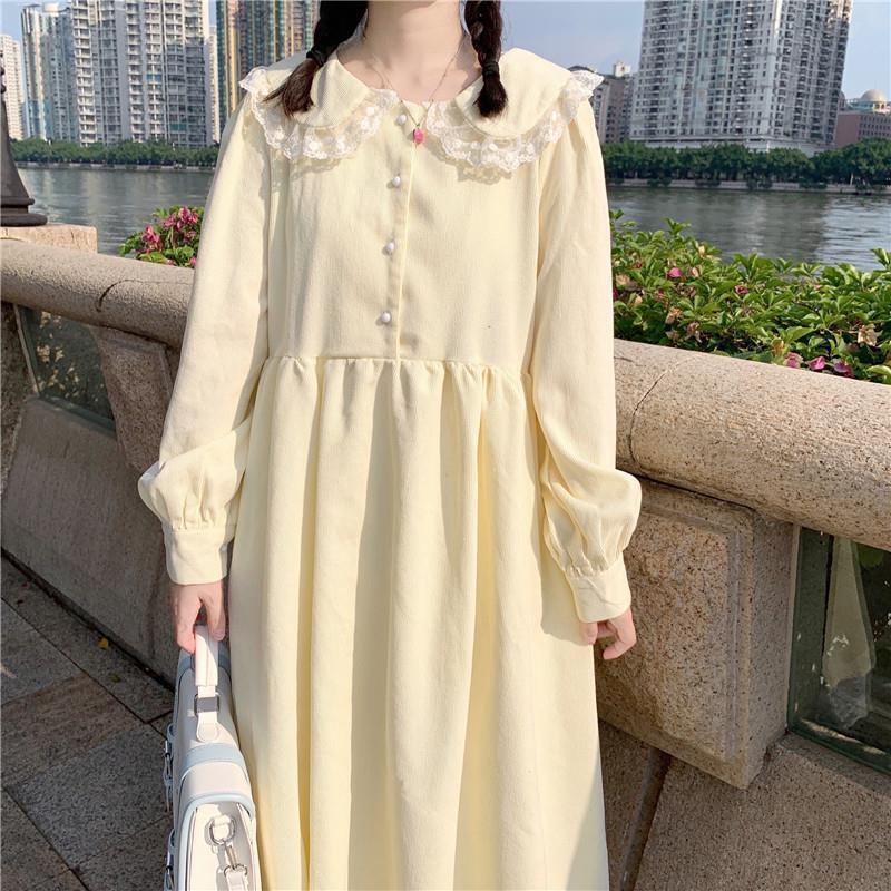 Yipinpay 2023 College Style Sweet Peter Pan Collar Lace Dress Women Cute Japanese Mid-length Spring/Autumn Woman Dress