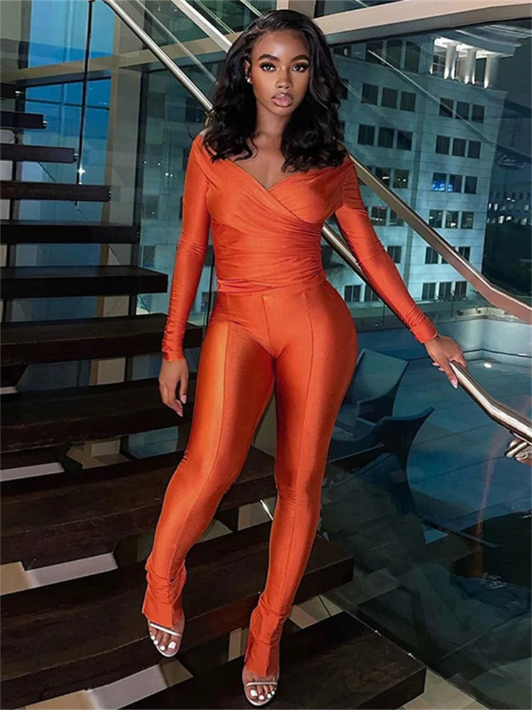 Yipinpay Simenual Casual Skinny Women Two Piece Set Sexy Deep V Crop Tops High Waist Pants Cyber Y2K Outfits Slim Co Ord Suits Streetwear