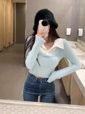 Yipinpay Winter Fake Two Clothing Slim Knitted Sweater Woman Casual Y2k Crop Tops Korean Fashion Pure Color Pullover Office Lady