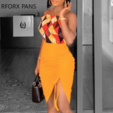 Yipinpay Women Chic All Over Print Crop Top Sleeveless Solid Shirring Bottom Sexy Bodycon Skirt Sets