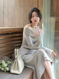 Yipinpay Lady 2 Piece Dress Set Woman Casual Y2k Tops + Slim Bodycon Midi Skirt Pure Color Knitted Suit Korean Fashion 2023 Autumn
