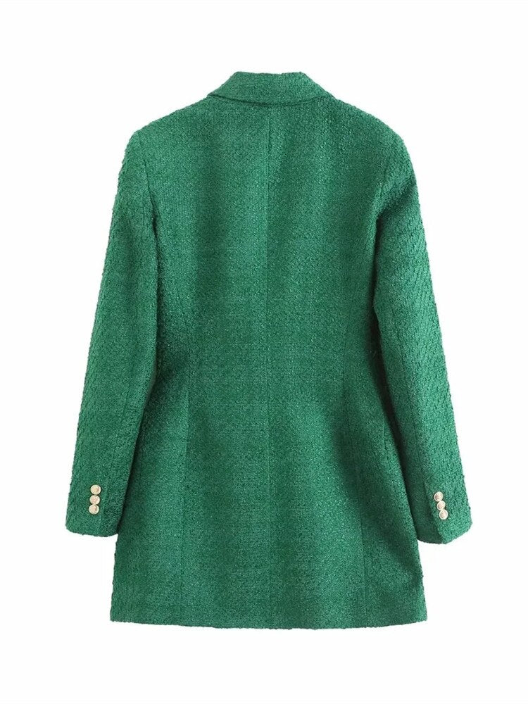 Yipinpay 2023 Green Long Blazer Woman Tweed Blazer Women Double Breasted Elegant Womens Jackets Long Sleeve Women's Spring Jacket