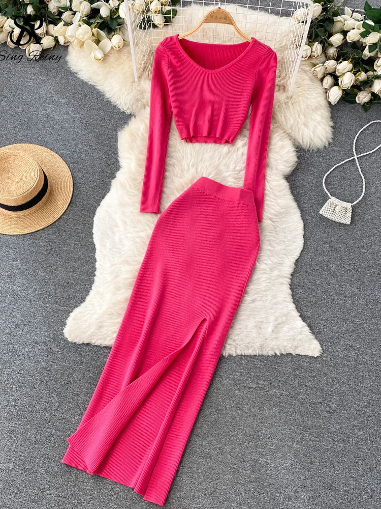 Yipinpay Autumn Sweater Two Pieces Suits Long Sleeves Knit Top+ Elatic Waist Slim Split Long Skirt Sets Women Warm Knitted Suit