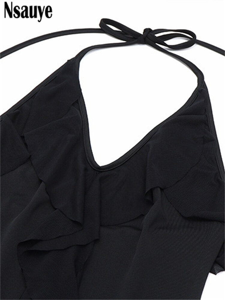 yipinpay 2023 Sexy Backless Women Lace Up Ruffles Halter Off Shoulder Mini Dress Club Fashion Party Evening Black Y2K Dress Summer