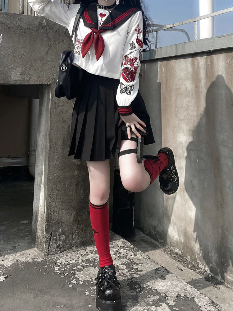 Yipinpay Women Preppy JK Suit Genuine Japanese Dark Jk Uniform Shirt + Black Pleated Skirt Punk Girl Embroidered Sailor 2pcs Suit