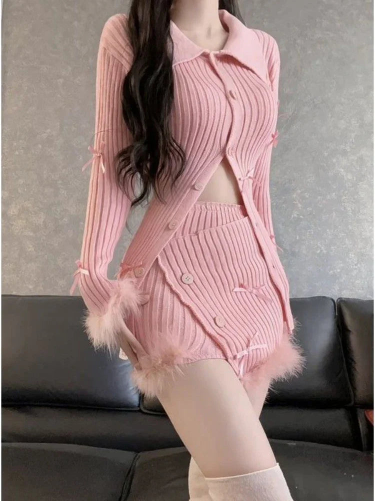 Yipinpay Autumn Pink Knitted Suit Woman Kawaii Elegant Set Korea Fashion Clothing Woman Casual Sweater + Slim Bodycon Y2k Mini Skirt