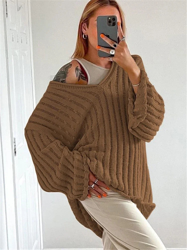 Yipinpay V-Neck Oversized Women's Sweater Long Sleeve Hollow Out Striped Knit Tops Winter 2024 Trend Casual Loose Pullover Sweaters