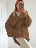 Yipinpay V-Neck Oversized Women's Sweater Long Sleeve Hollow Out Striped Knit Tops Winter 2024 Trend Casual Loose Pullover Sweaters