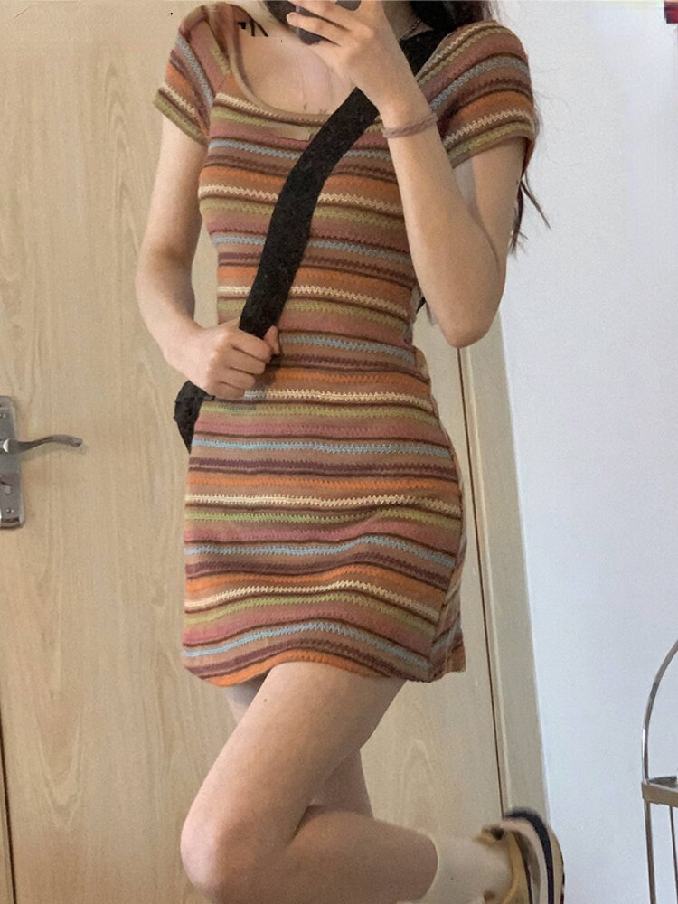 Yipinpay Summer Korean 2 Piece Dress Set Woman Rainbow Sexy Bodycon Strap Mini Dress + Pure Color Long Sleeve Tops Elegant Suit