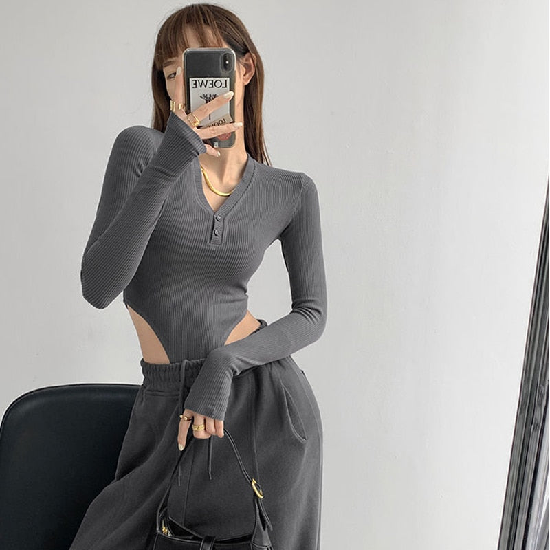 Yipinpay Vintage Bodysuits Women Sexy Y2K Slim One-pieces T-shirts Fashion Trend New V-neck Hollow Long Sleeve Tops