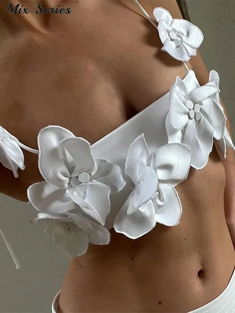 Yipinpay Flower Lace-up Spaghetti Strap Top Women White Backless Sleeveless Crop Tops 2024 Spring Summer Fashion Ladies New Sexy Vest