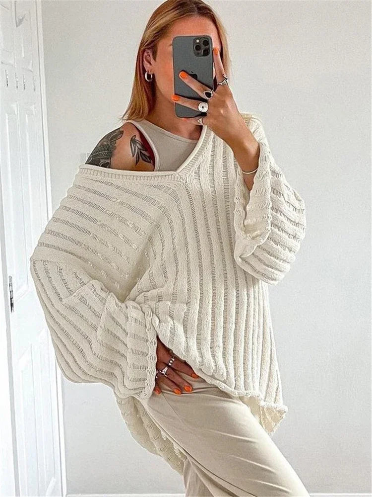 Yipinpay V-Neck Oversized Women's Sweater Long Sleeve Hollow Out Striped Knit Tops Winter 2024 Trend Casual Loose Pullover Sweaters