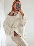 Yipinpay V-Neck Oversized Women's Sweater Long Sleeve Hollow Out Striped Knit Tops Winter 2024 Trend Casual Loose Pullover Sweaters
